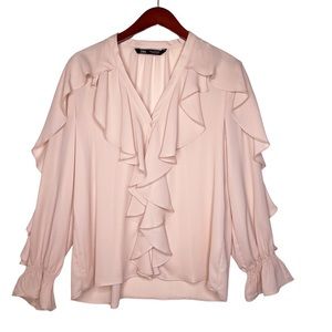 ZARA Ruffle Sleeve Ruffle Button Front Peasant Blouse Size Medium in Dusty Pink